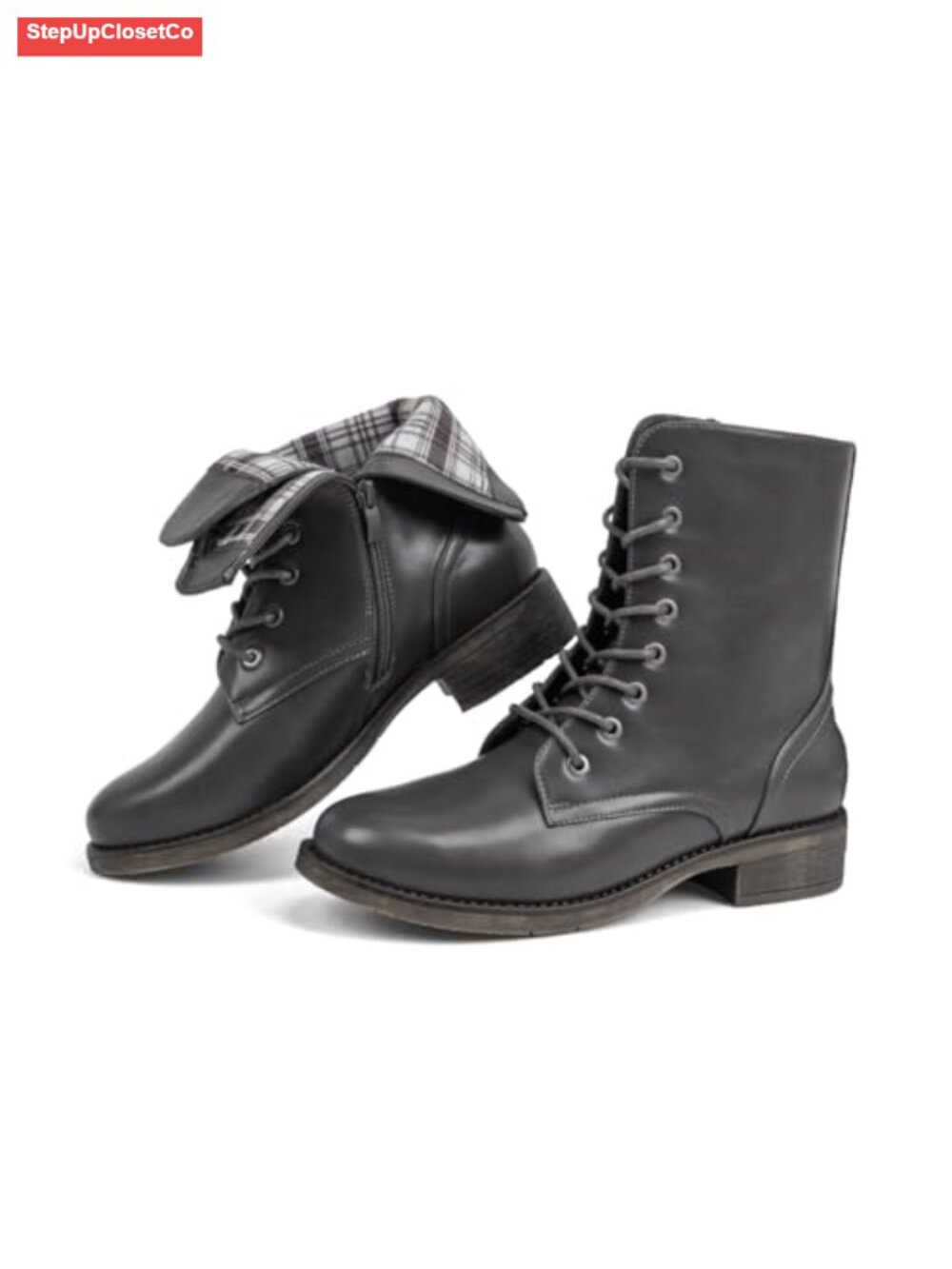 Women's Mid Calf Lace Up Combat Boots Low Heel Zipper